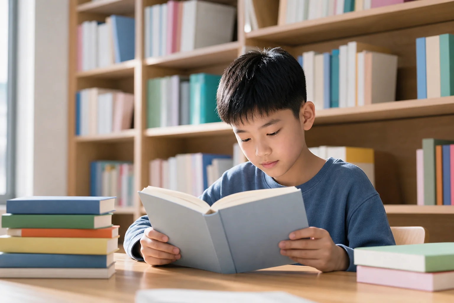 孩子在图书馆阅读